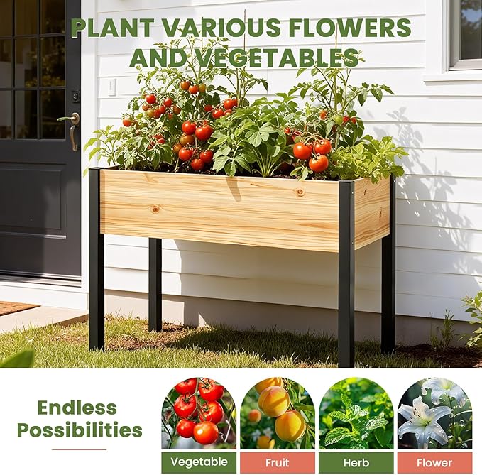 SUNYRISY Wooden Raised Garden Bed Outdoor with Metal Legs for Gardening 45.6 L x 23.6 W x 31.5 H Elevated Planter Garden Box Raised Bed for Vegetable Flower Herb