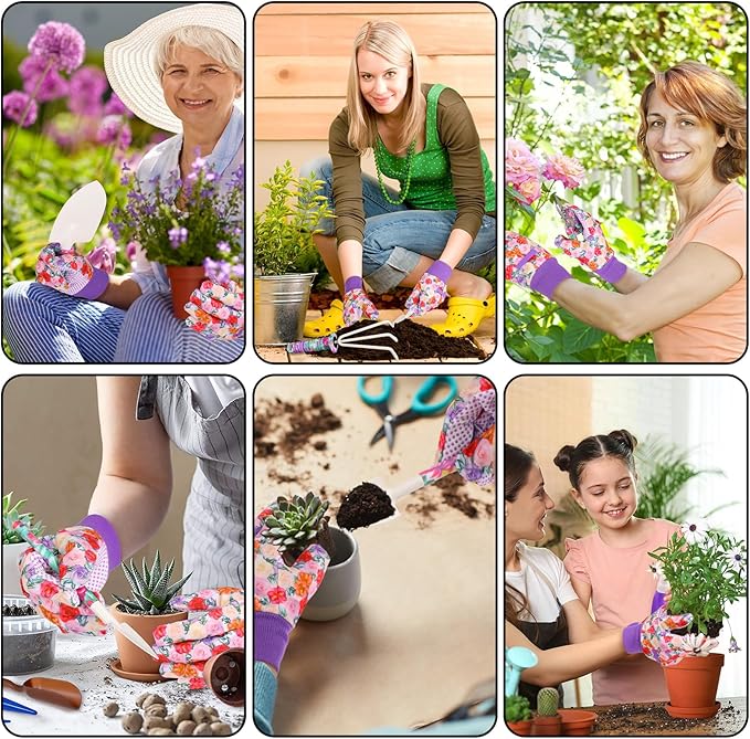 Garden Tools Set JUMPHIGH 10 Pieces Gardening Tools with Floral Print Ergonomic Handle Trowel Rake Weeder Pruner Shears Sprayer Garden Hand Tools with Carrying Case Gardening Gifts for Women Father