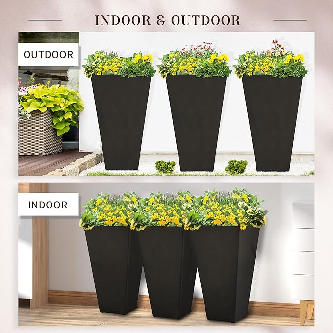 Set of 3 Tall with Drainage Hole 28 Outdoor Flower Pots Indoor for Porch Patio and Deck Black