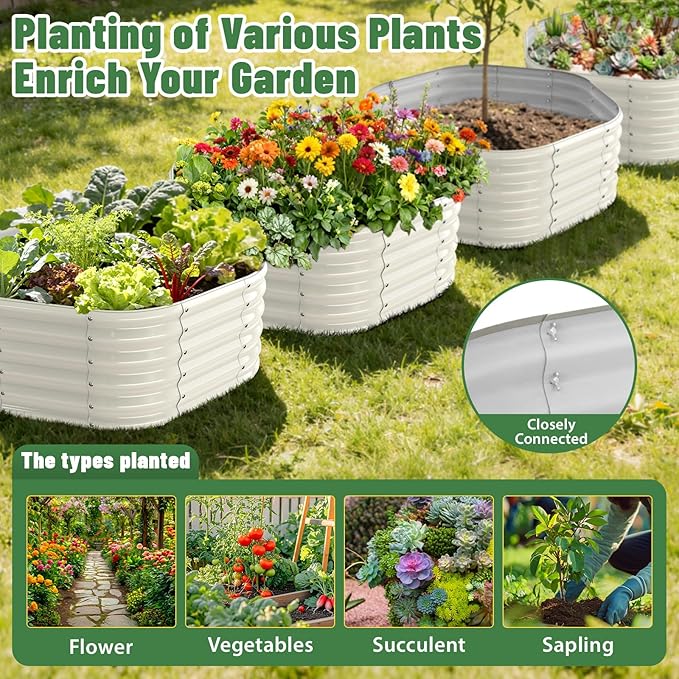 Hexagon Raised Garden Bed 48 Inch Diagonal &amp 16.5 Inch Tall Galvanized Steel Planter Box with Wave-Shaped Metal Panels for Outdoor FlowerTreeHerb &amp Vegetable Garden (Cream white 4FT X 1.5