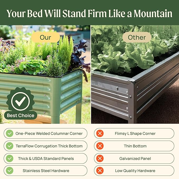 Elevated Raised Garden Bed-V Series 2' x 4' Garden Beds with Legs &amp Storage Rack for Patio Porch 700 Lbs Weight Capacity Outdoor Planter Boxes for Gardening Herbs Vegetables Flowers Olive Gree