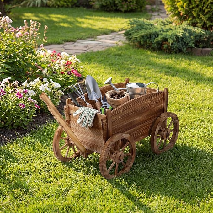 HAPPYGRILL Wood Wagon Wheelbarrow Planter Outdoor Rolling Garden Planter Cart with 4 Wheels Drainage Hole &amp Adjustable Handle Decorative Wagon Flower Pot Stand for Home Backyard Patio(1)