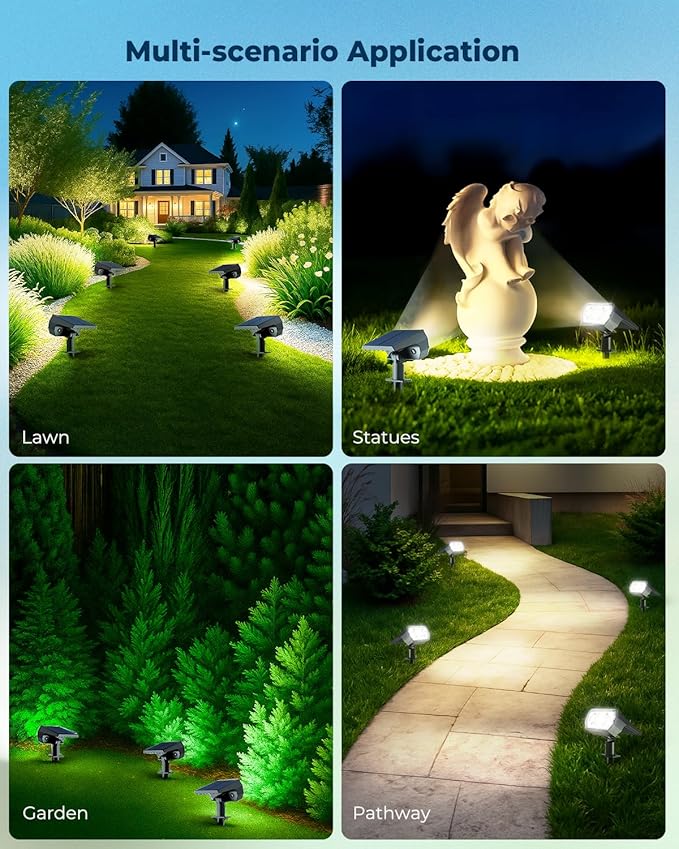 6 Packs Solar Spot Lights Outdoor 64 LED 6500K Solar Lights Outdoor IP67 Waterproof Adjustable Brightness Dusk to Dawn Solar Spotlights for Garden Yard Lawn Walkway Driveway - Cool Daylight
