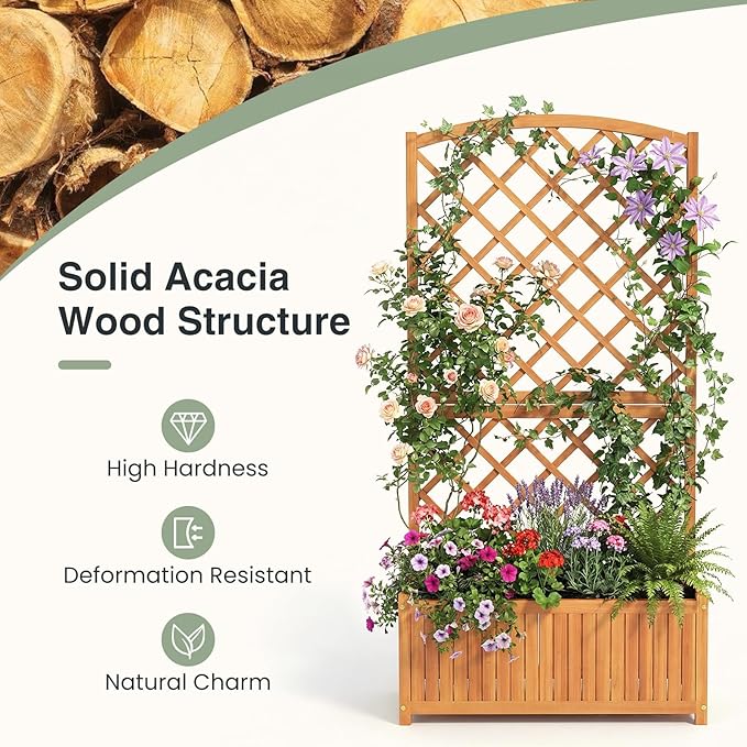 S AFSTAR 2 Pieces Wooden Raised Garden Bed with Trellis 63 Tall Planter Box with Drainage for Vines Climbing Plants Flowers Herbs Elevated Gardening Planter for Backyard Balcony &amp Patio