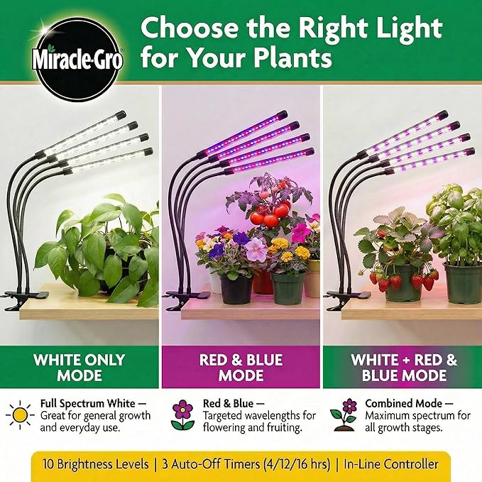 Miracle-Gro LED Grow Light for Indoor Plants 4-Head | Selectable Spectrum Clip On Plant Light with Timer &amp Dimmable Modes | Flexible Gooseneck Lamp for Seed Starting Succulents Herbs &amp House