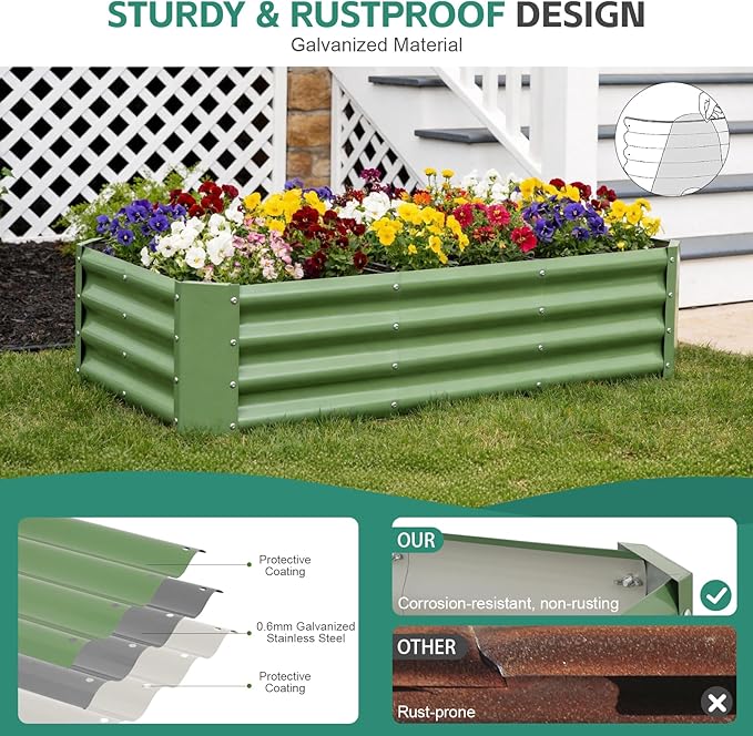 Galvanized Raised Garden Bed - 4x2x1ft Metal Garden Planter Box Outdoor | Steel Raised Bed Kit with Bracing Rods Gloves for Gardening Vegetables Fruits and Flowers (Oliver Green)
