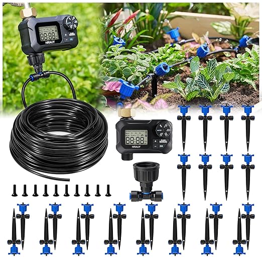 HIRALIY 100FT Pressure Compensated Drip Irrigation System with Timer No-Leak Quick Connect Automatic Watering System 24 Adjustable Emitters for Uniform Flow Garden Patio Raised Bed