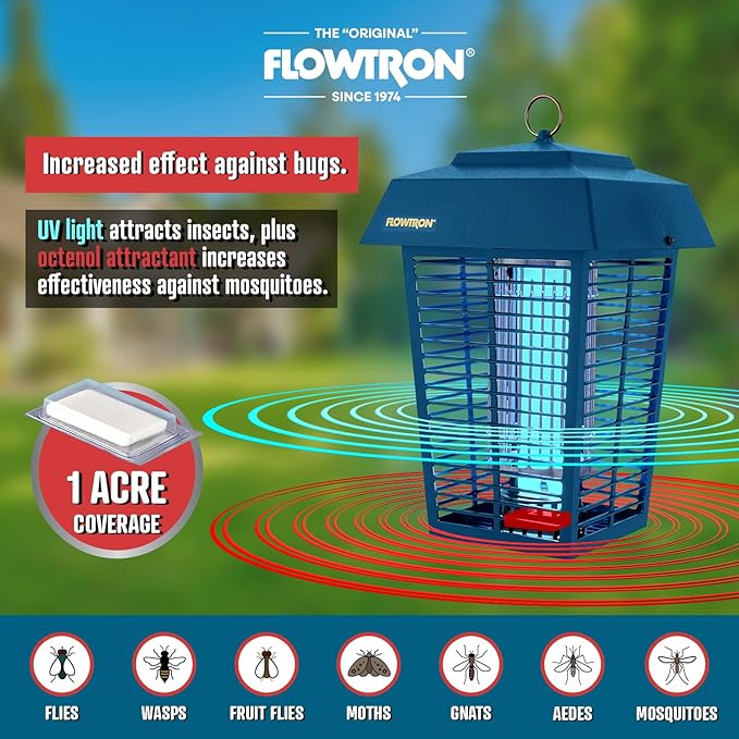 Flowtron Bug Zapper 1 Acre of Outdoor Coverage with Powerful 40W Bulb &amp 5600V Instant Killing Grid Electric Insect Fly &amp Mosquito Zapper Made in The USA - Blue Color