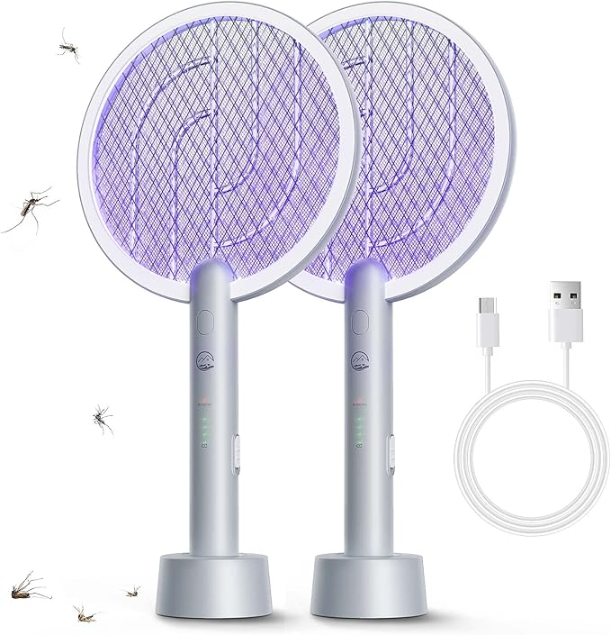 Electric Fly Swatter Racket 2 Pack 2 in 1 Bug Zapper with USB Rechargeable Base 4000 Volt Mosquito Killer with 3-Layer Safety Mesh for Pest Insect Control for Indoor、Office、Backyard、Camping