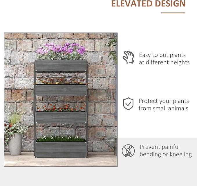 Outsunny Vertical 4 Tier Raised Garden Bed Wooden Planter Box Self-Draining with Bed Liner for Indoor Outdoor Flowers Vegetables and Herbs Gray
