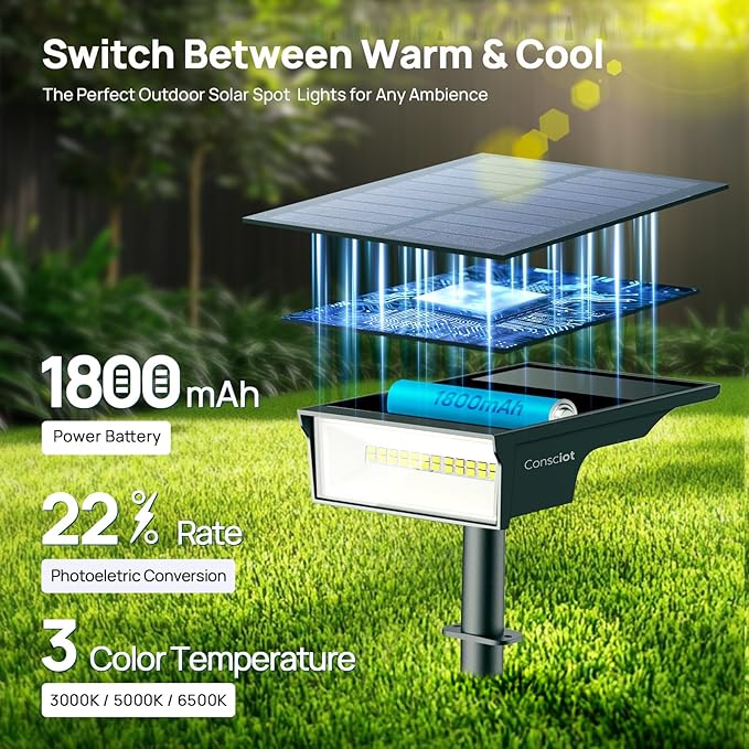 Consciot Solar Lights Outdoor Waterproof 3000/5000/6500K Solar Garden Light Adjustable 170° Spot Lights for Outside Yard Landscape Lighting Pathway Halloween IP65 Auto On/Off 4 Pack WS002UCW