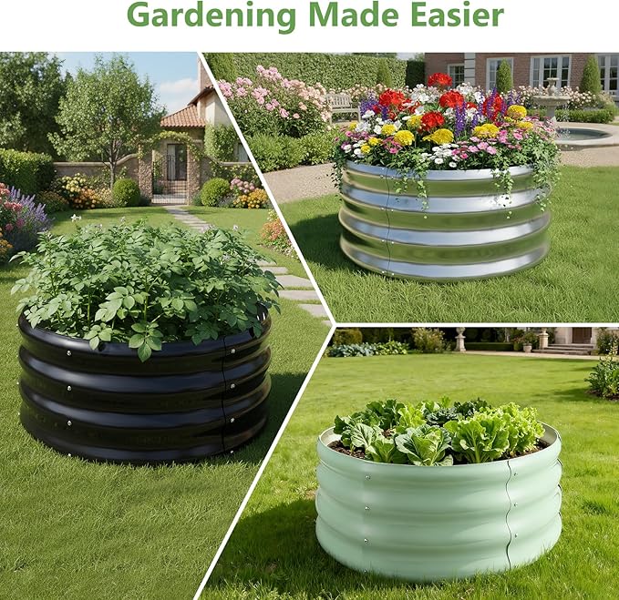 3 Pcs 2x2x1ft Round Galvanized Raised Garden Bed Planter Boxes Outdoor with Easy Assembly Metal Raised Beds for Vegetables Fruits Flowers (Galvanized Black Green)