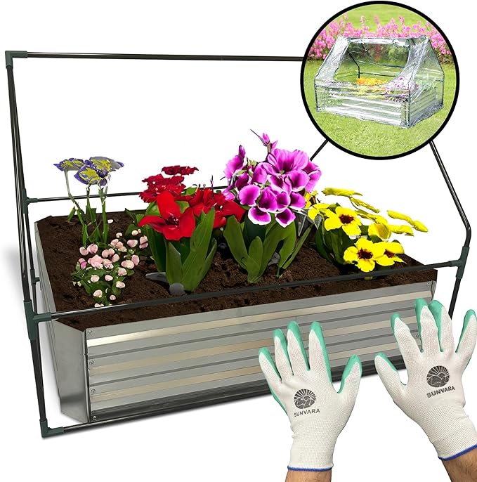 Sunvara Galvanized Raised Garden Bed with Cover 4x3x1ft Large with Gloves