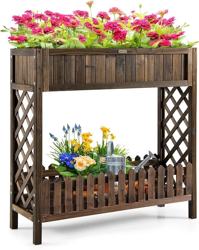 HAPPYGRILL Wooden Raised Garden Bed 2-Tier Elevated Planter Box Stand with Legs Storage Shelf 35.5” Height Carbonized Fir Wood Garden Bed for Vegetable Fruit Herb Flower
