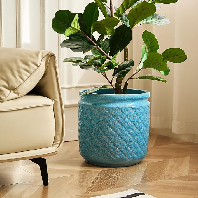 Handmade Ceramic Flower Pot Set of 3 15129 Inch Diameter Blue with Geometric Pattern for Orchids IndoorOutdoor Use on Windowsill Bookshelf Breathable Clay