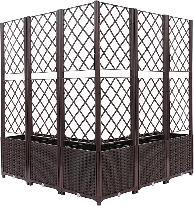 5 Pcs Plastic Plant Box with Metal TrellisRaised Garden Bed with Trellis for Climbing PlantPlanter Box for Backyard Patio Balcony(47.24 * 47.24 * 55.91inBrown)