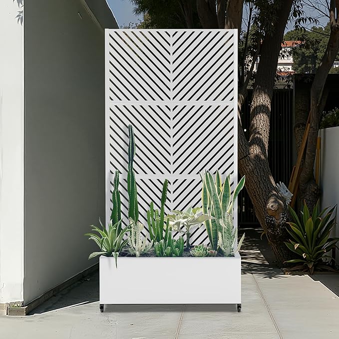 Metal Raised Garden Beds Outdoor with Trellis &amp Wheels Planter Box with Privacy Screen Drainage Holes for Vegetables Flowers Vines (35 L×16 W×71 H White Parallel)