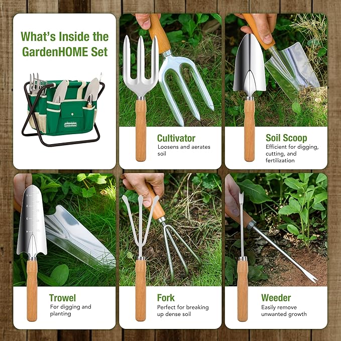 GardenHOME 7-Piece Green Gardening Tool Set – Stainless Steel Tools with Wooden Handles Folding Stool &amp Canvas Tote Durable Garden Kit for Every Gardener