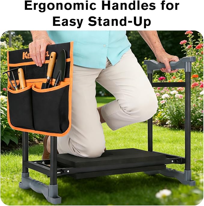 Garden Kneeler and Seat with Umbrella 2-in-1 Foldable Gardening Stool with Adjustable Bracket Detachable Tool Bags Heavy Duty Kneeling Pad for Gardening (Black Orange)