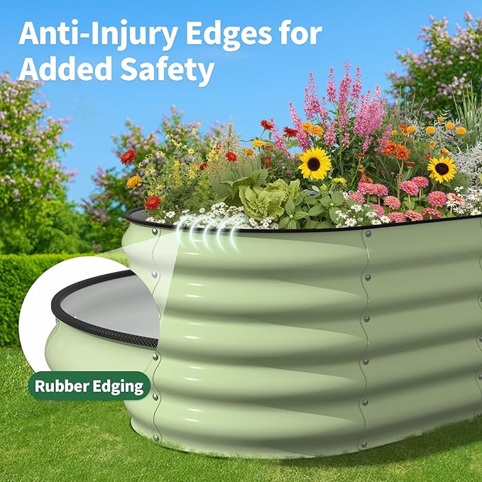 Kesfitt Raised Garden Bed Metal Galvanized Steel Oval Garden Bed 8x2x1.5 ft with 18-Inch Deep Open-Bottom Design for Outdoor Vegetable Gardening Fruit Green