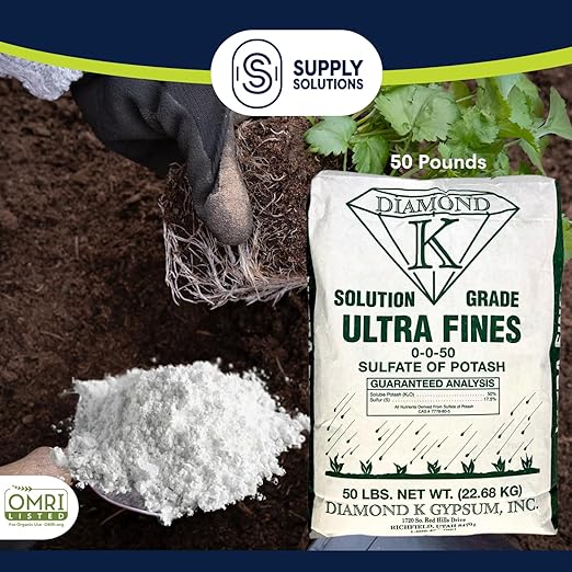Supply Solutions Sulfate of Potash 0-0-50 Plant Fertilizer- Potassium Fertilizer for Indoor Plants Food Outdoor Flowers Gardens Fruit Lawn - Potassium Plant Food with Nutrients (50 Pounds)