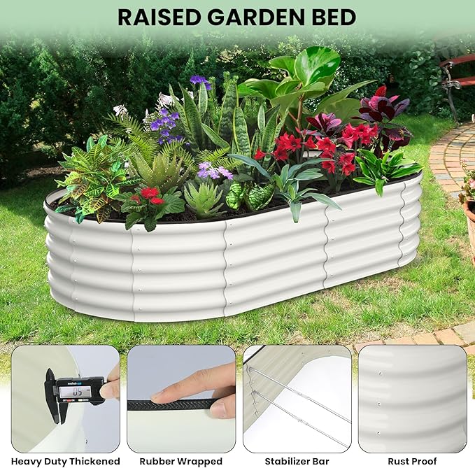 2 Pcs 6x3x1ft Oval Raised Garden Bed Galvanized Raised BedsOpen-Ended Base Metal Raised Planter BedsGarden Bed OutdoorPlanter Raised Boxes for Vegetables FlowersTool-Free AsseWhite