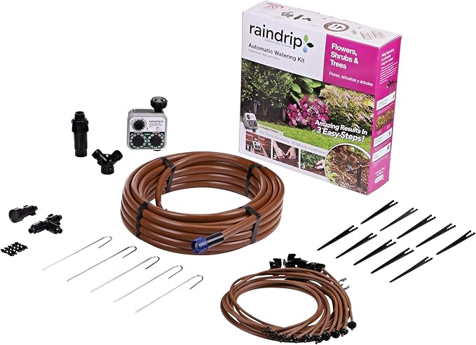 Raindrip SDFSTH1P Automatic Drip Irrigation Watering Kit with Timer for Flowers Shrubs and Trees Waters up to 10 Plants Includes Timer with Customizable Settings 2 GPH Drippers