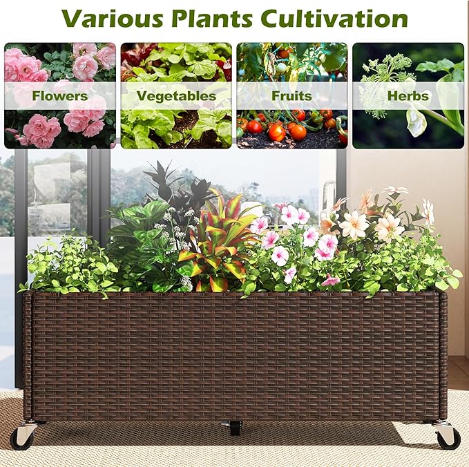Giantex Wicker Raised Garden Bed with Wheels 38”x12”x14” Rectangular Garden Planter Box w/PE Rattan Liner Fabric Wicker Patio Elevated Raised Bed for Vegetable Flower Herb Porch Balcony