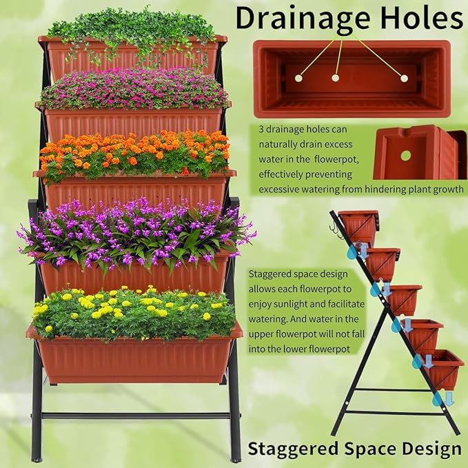 Homdox 3.74FT Vertical Garden Bed 5 Tiers Raised Garden Planter 23 * 26 * 45Inch Outdoor Stand with 4 Hooks for Vegetable Flower Patio Yard Brown