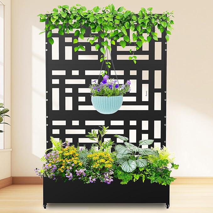 Nexum Metal Planter Box with Trellis &amp Wheels 71x47x16 Planter Boxes Outdoor with Drainage Holes Privacy Planters for Patio Balcony Backyard Poolside