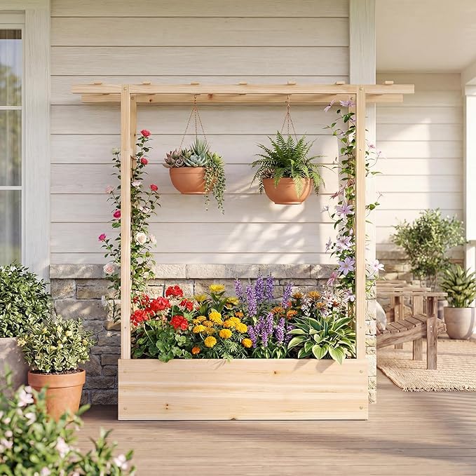 Raised Garden Bed with Trellis Wood Planter Box w/Trellis Hanging Roof Drainage Holes Freestanding Planter Raised Bed for Outdoor Climbing Plants Flowers Patio Yard Balcony (2 Natural)