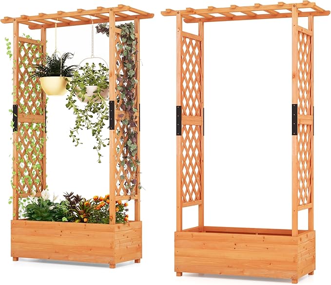 Raised Garden Bed with Trellis Set of 2 Wood Garden Planter w/Hanging Roof Drainage Holes for Vine Climbing Plants Elevated Planter Box for Patio Yard 43.5 x 17.5 x 72
