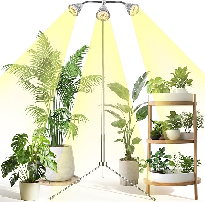 Full Spectrum Grow Lights for Indoor Plants 3 Heads Aluminum Alloy Growing Lamps Covers More Plants 15-62In Height Adjustable Plant Light with Detachable Tripod Stand Auto On/Off Timer for Offices