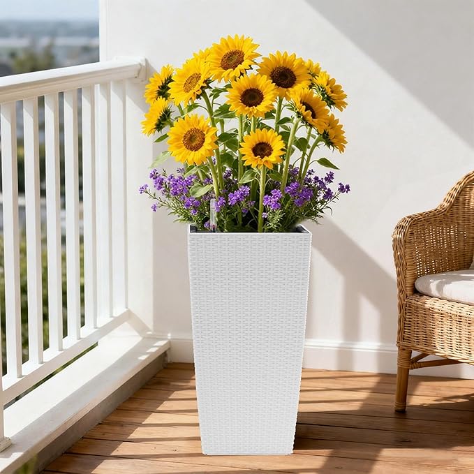 Square Planter for Indoor or Outdoor Use 22 Inch High Faux Rattan Flower Pot with Automatic Watering System for Porch Patio Backyard Makes Keeping Flowers Easier (Pack of 2 White)