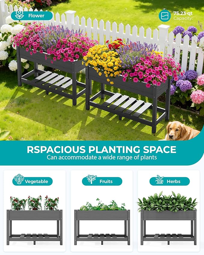 SERWALL Raised Garden Bed with Legs 43×17×30 Large HDPE Elevated Planter Box for Vegetables Flower Herb Patio All Weather Use- Gray