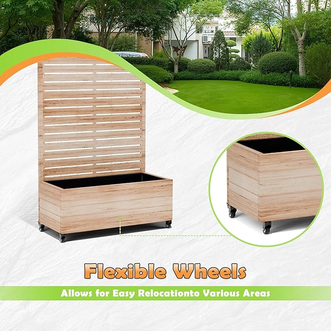 Metal Raised Garden Bed with Trellis 2-in-1 Planter Box &amp Privacy Screen for Climbing Plants Outdoor Standing Flower Bed with Drainage Holes 35.4 L x 15.7 W x 70.1 H Acacia Wood Grain
