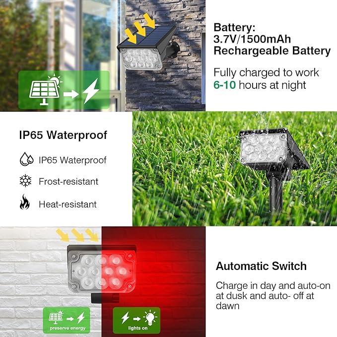 Red Solar Spot Lights Outdoor20 LED Waterproof IP65 Solar Landscape Light Adjustable Panel Spotlights for Wall Tree Yard Garden Halloween Christmas Lighting 4 Pack