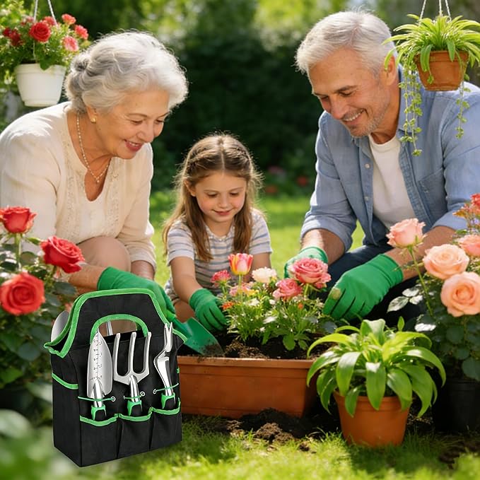 8-Piece Garden Tool Set with Storage Bag Heavy Duty Stainless Steel Gardening Tools Non-Slip Handles Includes Pruner Trowel Cultivator Weeder Gloves Green