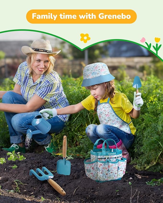 Kids Gardening Set Toys Quality Garden Tool Kit for Kids and Toddlers Includes Two Shovels Garden hatRake ApronGloves Watering Can and Tool Bag (Blue)