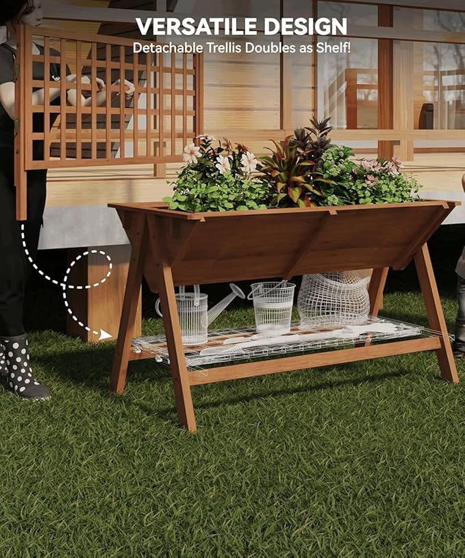 Raised Garden Bed with Legs 52x30x54In Wooden Planter Box with Trellis Outdoor Standing Vertical Horticulture Trellis Planter with Drainage Holes for Vegetables Flowers and Herbs Brown