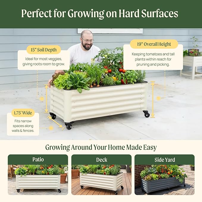 Vego garden Classic Rolling Garden Bed – 1.75' Mobile Metal Raised Garden Bed for Patio Deck Balcony – Deep Planting Space Durable &amp Easy to Move (Pearl White 1.75'X8')