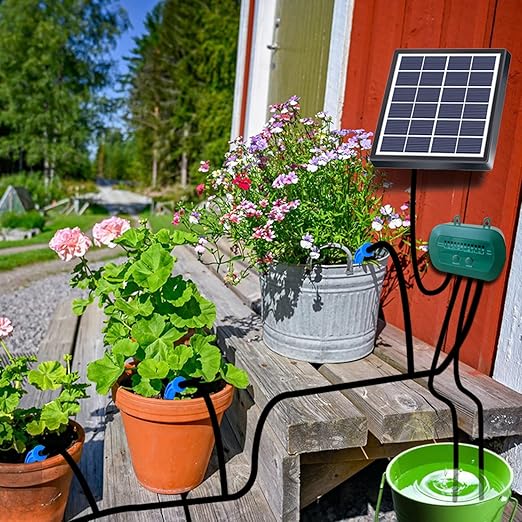 Lewisia 2W Solar Automatic Drip Irrigation Kit with Timer Auto Watering System Solar Powered Auto-Irrigation Set for Garden Beds Patio Lawn Plants Greenhouse Flower 50FT for 15 Plants