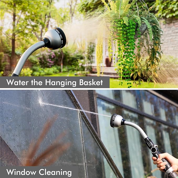 RESTMO Watering Wand Heavy Duty Metal Garden Hose Wand with Thumb Flow Control 15-Inch Long Hose Nozzle Sprayer with 10 Spray Patterns Ideal to Water Hanging Baskets and Shrubs Silver