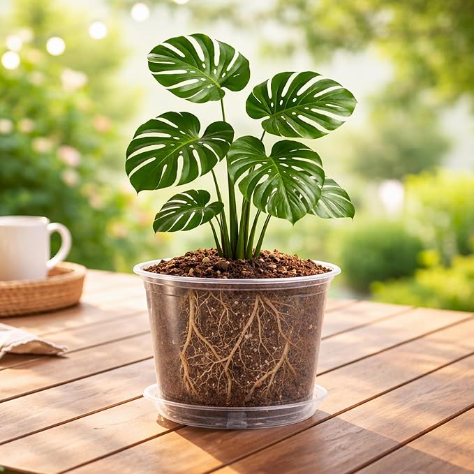 8 Packs 8 Inch Reinforced Large Clear Nursery Pots with Saucers Transparent Plastic Plant Pot Seedling Planter with Drainage Holes for Vegetable Propagation Root Cutting Seed Starting