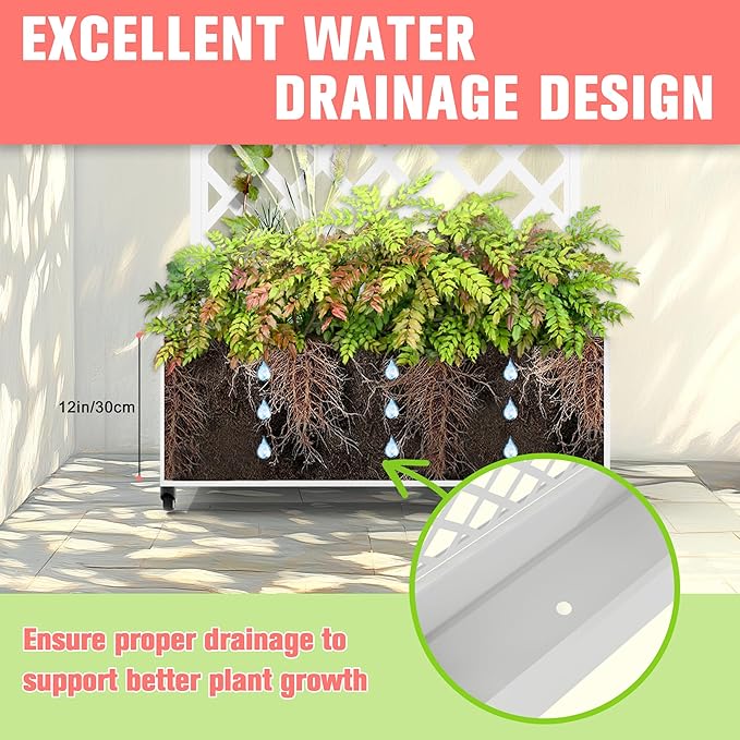 Metal Planter Box with Trellis Raised Garder Bed with Drainage Hole Privacy Screen &amp Trellis for Climbing Plants Outdoor Plant Stands 35''L×17''W×73''H White