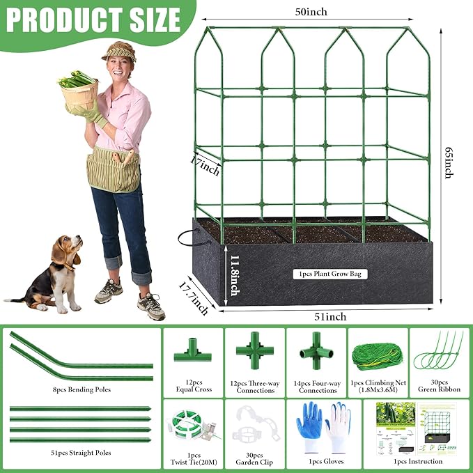 50x65x18 Inch Cucumber Trellis for Raised Bed - with 46 Gallon Grow Bags Garden Trellis for Climbing Plants Outdoor with Climbing Net and Plant Support for Cucumber Tomato Vegetable Grape Vine
