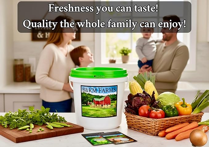 B&ampKM Farms 20000+ Survival Seed Kit 5+ Year Supply. 30 Fruit &amp Vegetable Non-GMO Heirloom Seeds for Planting a Home Garden. Secure Emergency Weather-Proof Bucket