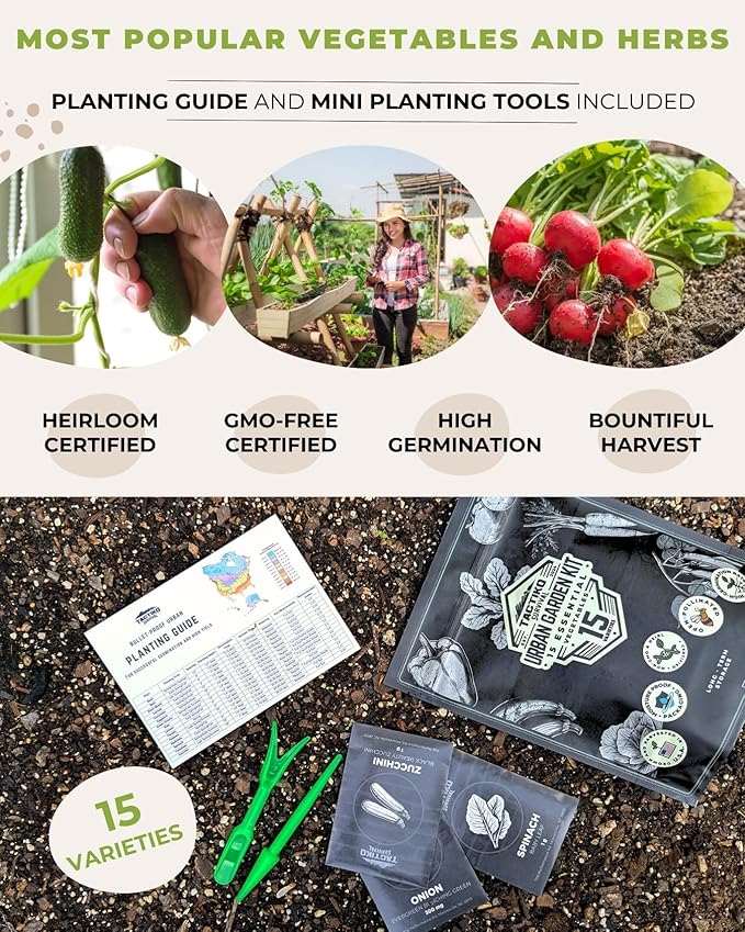 Tactiko Survival 15 Vegetable Seed Kit Varieties for Small Urban Garden Balconies &amp Patios - Non-GMO Heirloom - Popular USA-Grown Dwarf Seeds for Planting Vegetables - Indoor Outdoor
