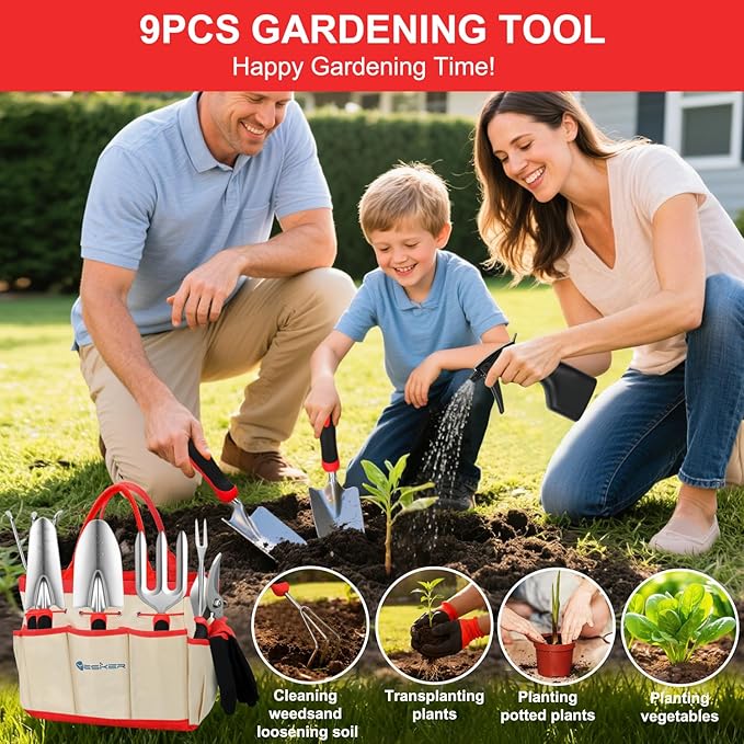 Yesker Gardening Tools 9-Piece Heavy Duty Garden Tool Set Gardening Supplies Gifts for Women Men Gardening Hand Tool Kit with Non-Slip Ergonomic Handle Garden Bag Durable Gloves Pruning Shears Red