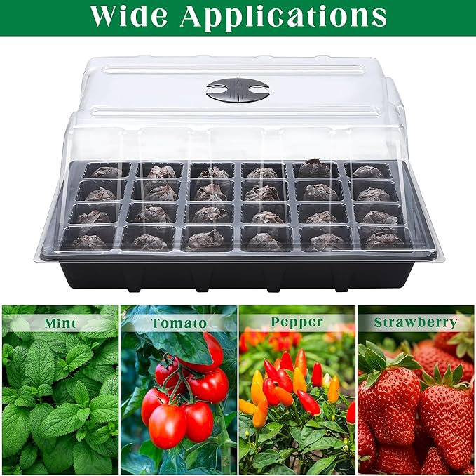 4 Sets Seed Starter Tray Kit Germination Starter Tray with Humidity Dome and Base Include 100 Peat Pellets 100 Plant Labels Garden Tools Plastic Plant Growing Trays for Greenhouse Garden Black